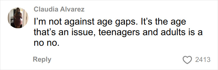 Comment by Claudia Alvarez discussing age gaps and issues with relationships between teenagers and adults in a social media post.