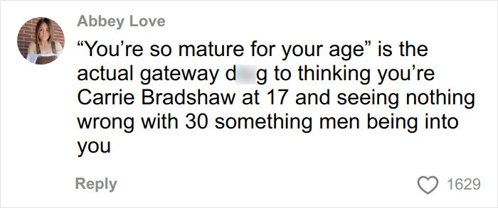 Screenshot of a comment by Abbey Love describing an addictive relationship with a much-older man as a teen.