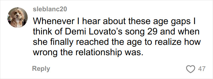 Comment on age gap relationships referencing Demi Lovato&rsquo;s song, relating to twisted addictive relationship experiences.