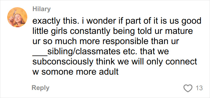 Comment discussing the challenges of young girls forming addictive relationships with much-older men as teens.
