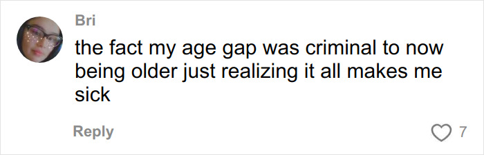 Alt text: Social media comment about age gap in an addictive relationship with a much older man during teen years.