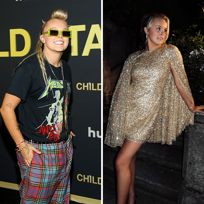 JoJo Siwa's massive transformation shown in two images, one casual and one glamorous evening look. JoJo Siwa's massive transformation shown in two images, one casual and one glamorous evening look.