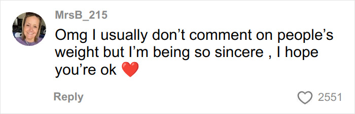 Comment from MrsB_215 expressing concern about Kelly Osbourne&rsquo;s health and hoping she is okay with a red heart emoji.