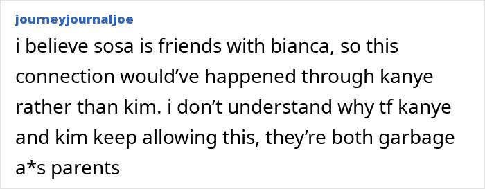 Comment criticizing Kim Kardashian and Kanye West as parents after North West seen interacting with adults.