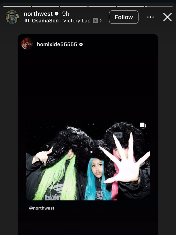 North West wearing colorful wigs and black furry hats, pictured with adults in a nighttime setting.