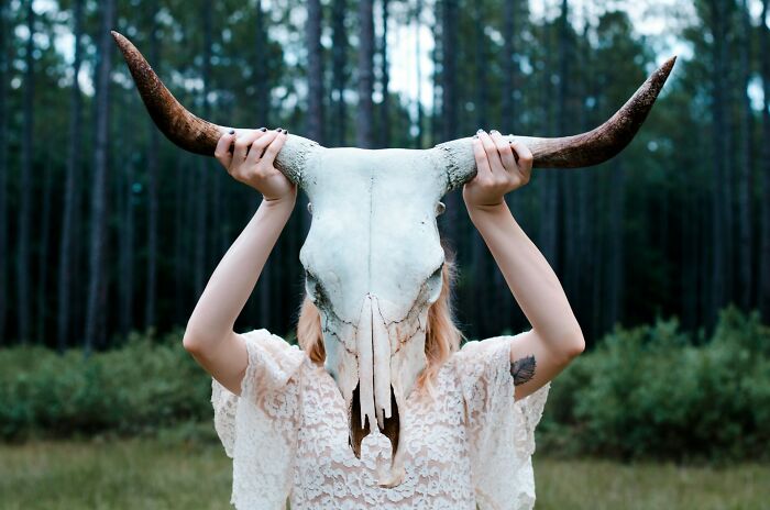 Person holding a large animal skull with horns, illustrating bizarre and lesser-known facts about countries.
