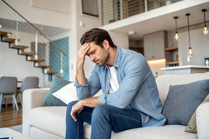 Stressed man on couch holding his head, feeling like his GF's ATM after partner quit job Stressed man on couch holding his head, feeling like his GF's ATM after partner quit job