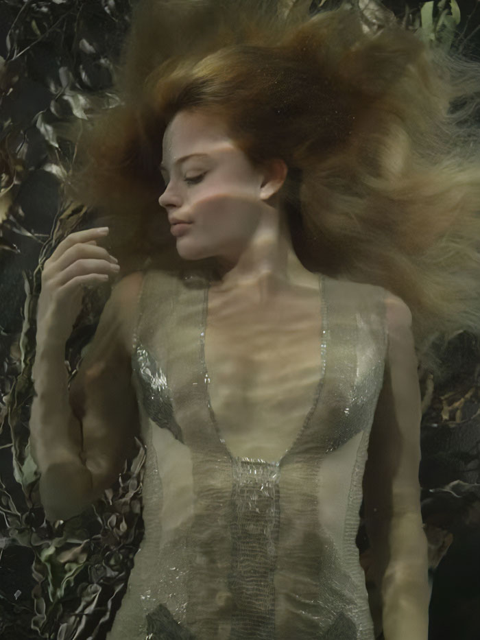 Margot Robbie underwater cover shoot with flowing hair and shimmering dress in a surreal, artistic water setting. Margot Robbie underwater cover shoot with flowing hair and shimmering dress in a surreal, artistic water setting.