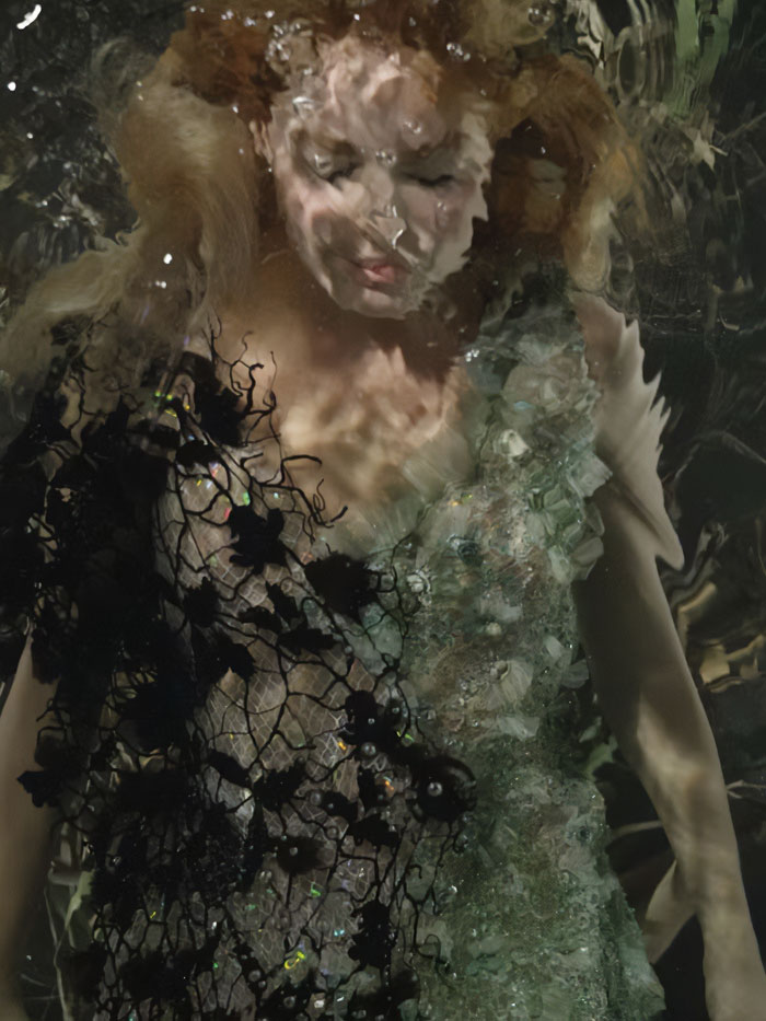 Margot Robbie in a black and silver embellished dress, photographed underwater in a dramatic cover shoot setting. Margot Robbie in a black and silver embellished dress, photographed underwater in a dramatic cover shoot setting.