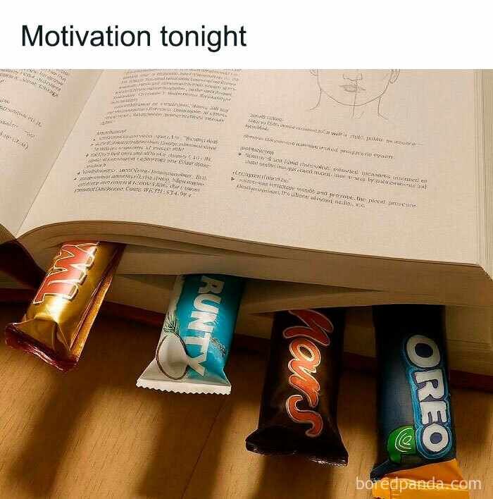 Book held open with candy bars as bookmarks, illustrating humor as a lighthearted medicine and healthcare coping meme.
