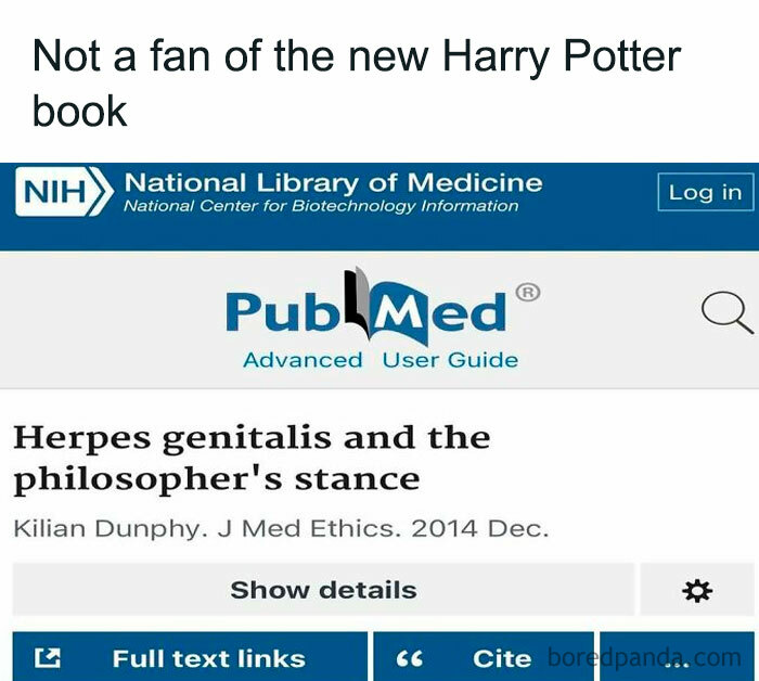 Screenshot of a humorous PubMed article titled Herpes genitalis and the philosopher's stance, highlighting meme humor related to healthcare.