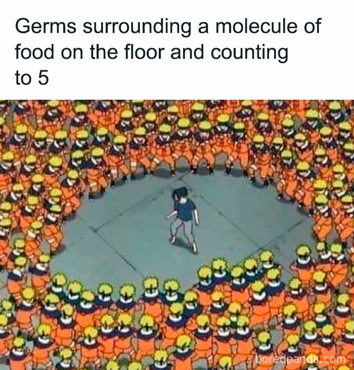 Cartoon character surrounded by many small figures representing germs, illustrating humor and healthcare concerns.