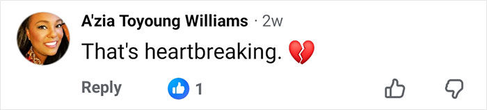 A social media comment by Nickelodeon star A&rsquo;zia Toyoung Williams expressing heartbreak with a broken heart emoji.