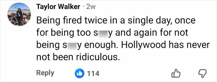 Screenshot of a social media comment about being fired twice, related to a Nickelodeon star revealing humiliating reason for crying.