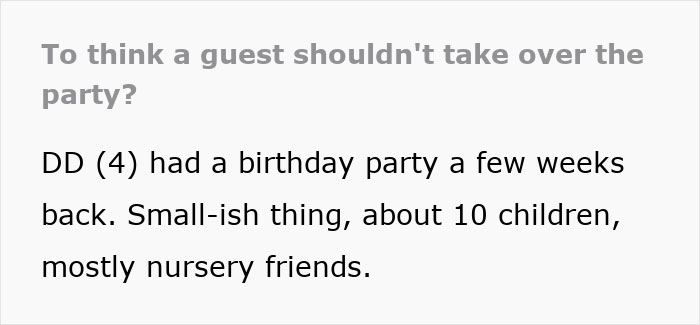 Child’s birthday party turns awkward as guest mom rearranges food, corrects child, and takes control of the house. Child’s birthday party turns awkward as guest mom rearranges food, corrects child, and takes control of the house.