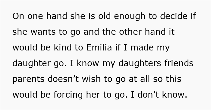Screenshot of a parent torn, debating making daughter attend birthday everyone is skipping, excerpt of their message. Screenshot of a parent torn, debating making daughter attend birthday everyone is skipping, excerpt of their message.