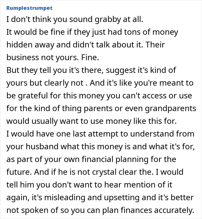 Text excerpt discussing a mom upset about secret funds her husband keeps hidden, affecting financial planning.