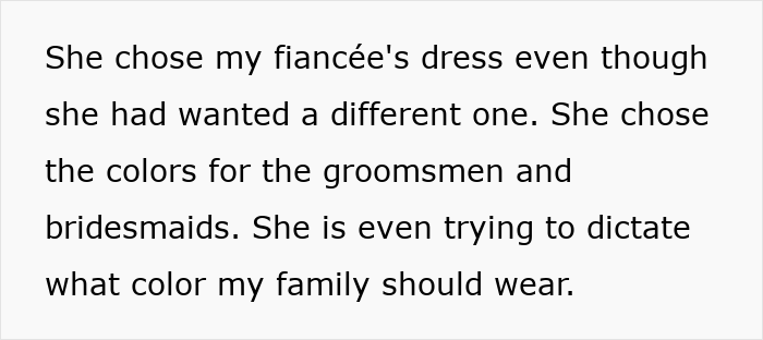 Text describing conflict where mother dictates wedding attire, causing groom to refuse marriage over wedding outfit control.