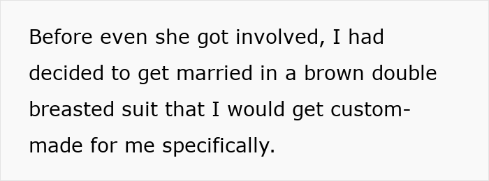 Text excerpt about groom&rsquo;s choice of custom-made brown double-breasted suit before mother dictates wedding attire refusal.