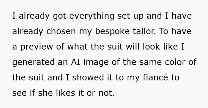Text about groom refusing marriage after mother dictates wedding attire and bespoke suit preview shared with fianc&eacute;e.