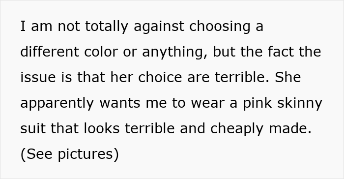 Text excerpt about mother dictating wedding attire and groom refusing marriage choice, highlighting conflict over groom's suit.