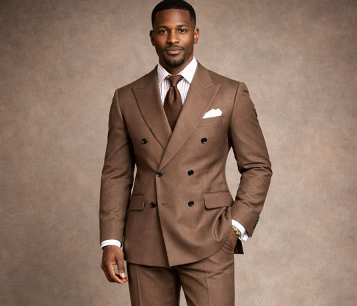 Groom dressed in a brown suit, portraying confidence amid mother dictating wedding attire and refusing marriage conflict.