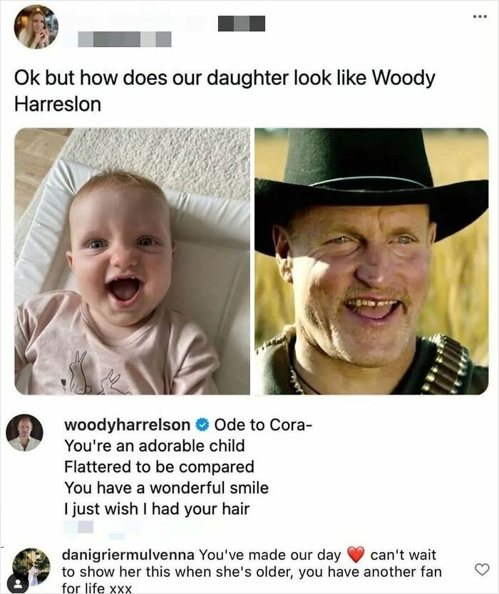 Baby smiling next to Woody Harrelson character meme, a humorous movie meme from popular film scenes collection.