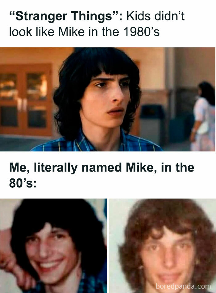 Meme comparing Stranger Things character Mike to real people named Mike in the 80s, movie memes humor.