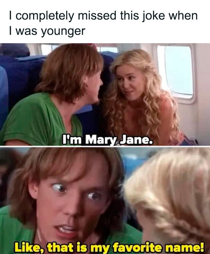 Movie meme showing a humorous scene with two characters on a plane referencing the name Mary Jane.