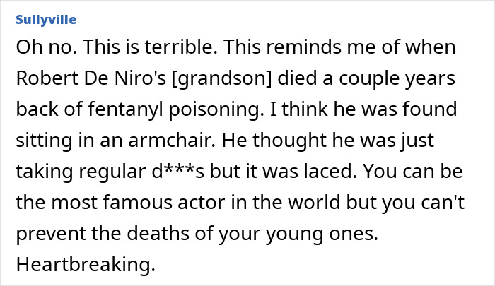 Comment expressing sorrow and comparing Tommy Lee Jones’ daughter Victoria’s passing to a similar fentanyl-related death in a celebrity family. Comment expressing sorrow and comparing Tommy Lee Jones’ daughter Victoria’s passing to a similar fentanyl-related death in a celebrity family.