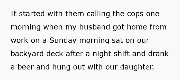 Text describing a family&rsquo;s backyard deck where nightmare neighbors complain and are caught secretly using it without permission.