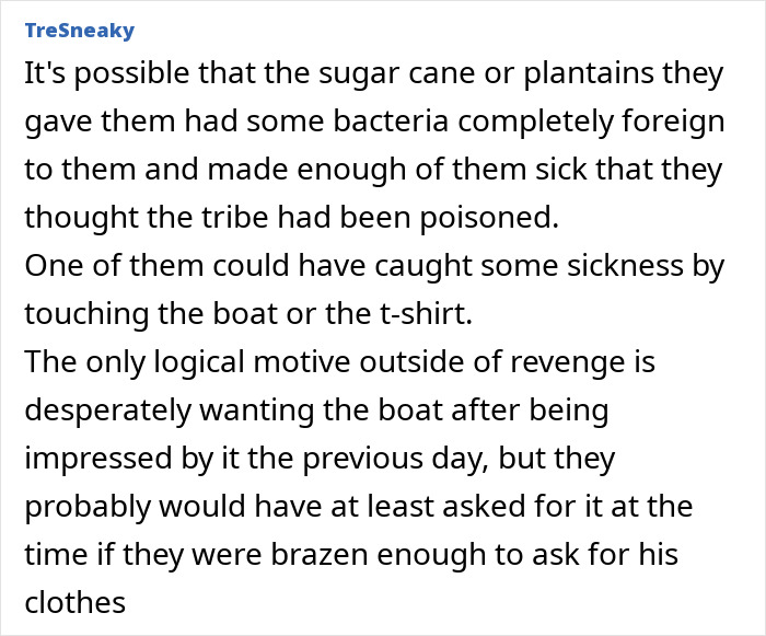 Comment discussing possible bacterial infection from sugar cane given to uncontacted Amazonian tribe members causing sickness.