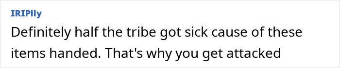 Text comment about uncontacted Amazonian tribe discussing sickness from handed items, raising suspicion and concern. Text comment about uncontacted Amazonian tribe discussing sickness from handed items, raising suspicion and concern.