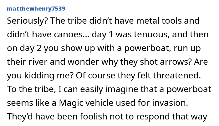 Comment discussing suspicion and reactions to never-before-seen footage of an uncontacted Amazonian tribe.