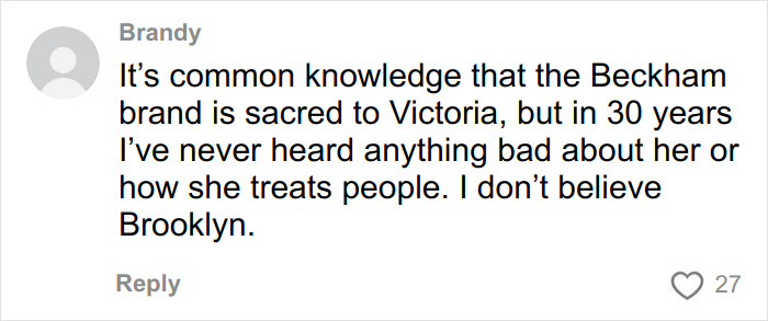 Comment from Brandy discussing Victoria Beckham and denying claims about Brooklyn at the wedding guest event. Comment from Brandy discussing Victoria Beckham and denying claims about Brooklyn at the wedding guest event.