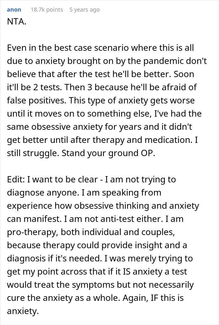 Comment discussing anxiety and therapy in the context of a guy demanding a paternity test for his 3-year-old son. Comment discussing anxiety and therapy in the context of a guy demanding a paternity test for his 3-year-old son.