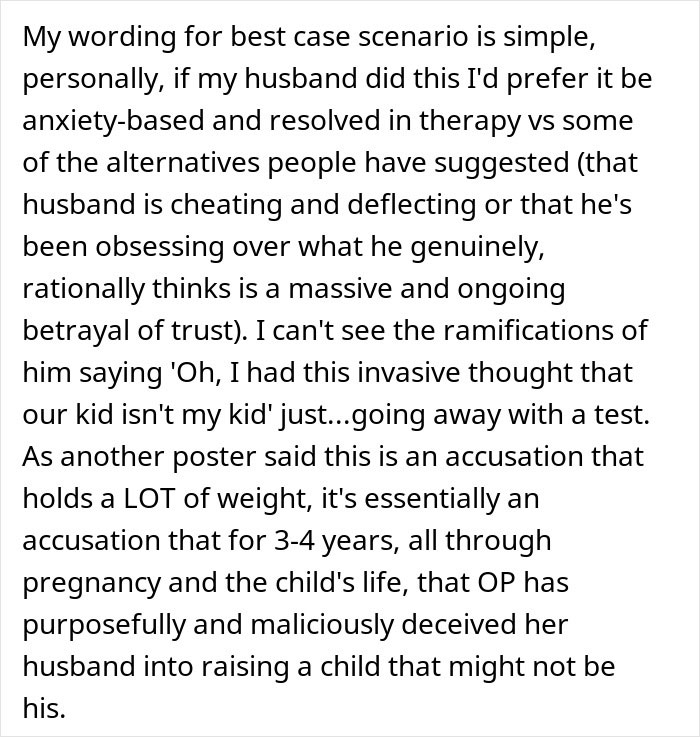 Text discussing a husband's demand for a paternity test for his 3-year-old son and his wife's therapy suggestion. Text discussing a husband's demand for a paternity test for his 3-year-old son and his wife's therapy suggestion.