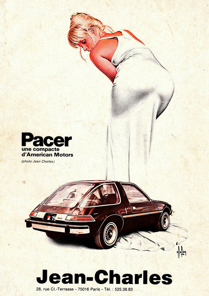 Vintage women’s ad showing a woman in a white dress leaning over a classic compact car advertisement.