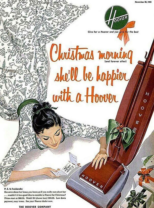Vintage ads from the 1950s show changing values and timeless appeal of household products like Hoover vacuum cleaners.