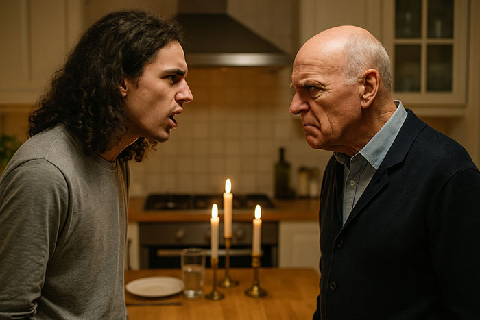 Bald man shaming long-haired nephew in kitchen, intense argument about cooking and lifestyle choices. Bald man shaming long-haired nephew in kitchen, intense argument about cooking and lifestyle choices.