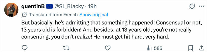 Tweet discussing an Olympic gold medalist charged with a crime involving his former coach's daughter, emphasizing consent issues.