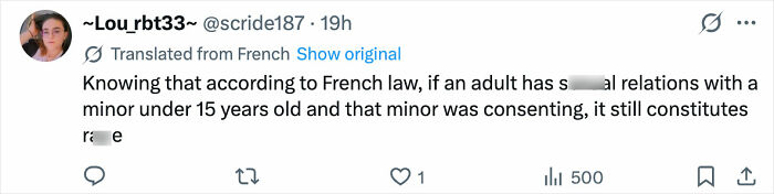 Person sharing a translated tweet discussing legal aspects of crime involving Olympic gold medalist and former coach’s daughter case.