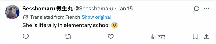 Tweet text saying she is literally in elementary school with a surprised emoji, discussing Olympic gold medalist crime news.