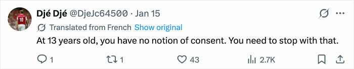 Screenshot of a tweet saying At 13 years old, you have no notion of consent, related to Olympic gold medalist charged with crime against former coach's daughter.