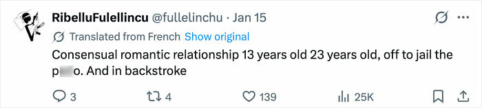 Tweet from RibelluFulellincu mentioning a controversial topic involving an Olympic gold medalist charged with crime against former coach's daughter.