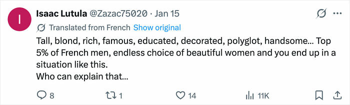 Tweet by Isaac Lutula discussing a famous tall blond man involved in a crime against his former coach's daughter.