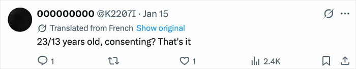 Tweet in French translated to English, questioning age and consent in a discussion about an Olympic gold medalist charged with crime.