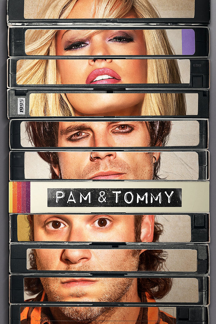 Stacked VHS tapes with faces of Pamela Anderson and Seth Rogen, highlighting Pamela Anderson's Golden Globes apology demand from Seth Rogen.