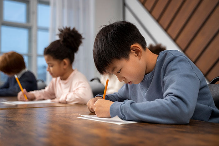 Three diverse children focused on writing at a desk, illustrating different parenting approaches in education worldwide.