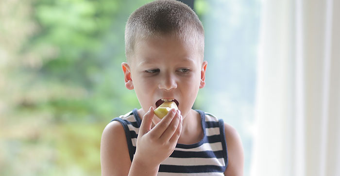 Young boy eating an apple by the window, illustrating parenting differences around the world in child nutrition and care.